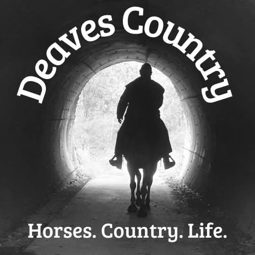 Person riding a horse through a tunnel with 'Deaves Country' branding.
