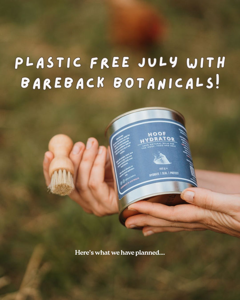 Person holding a tin of Hoof Hydrator, surrounded by nature, promoting Bareback Botanicals' Plastic Free July initiative.