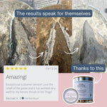 Collage of images showing before and after effects of Hoof Beehave on horse hooves, with a five-star review and product packaging.