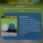 Hoof care product bundle with customer review on a blurred natural background