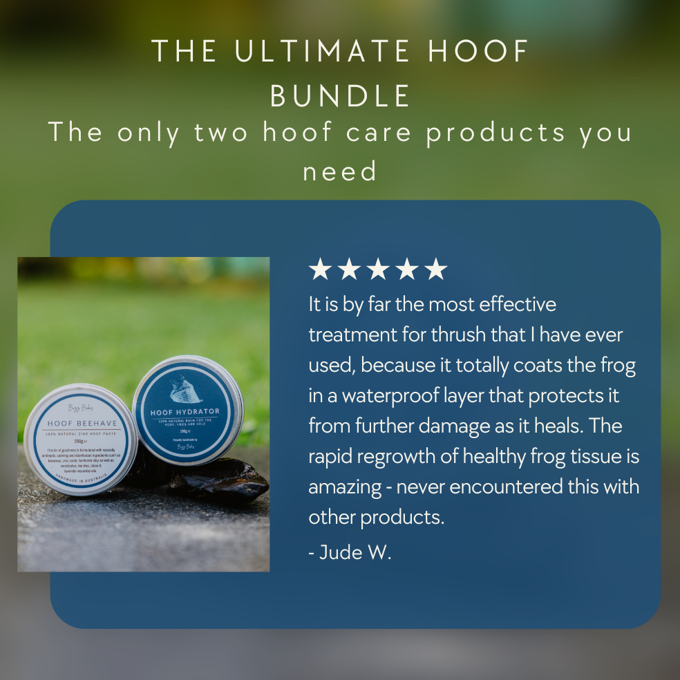 Hoof care product bundle with customer review on a blurred natural background