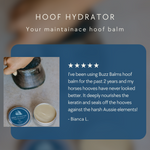 Buzz Balms hoof hydrator with a customer review on a blurred background