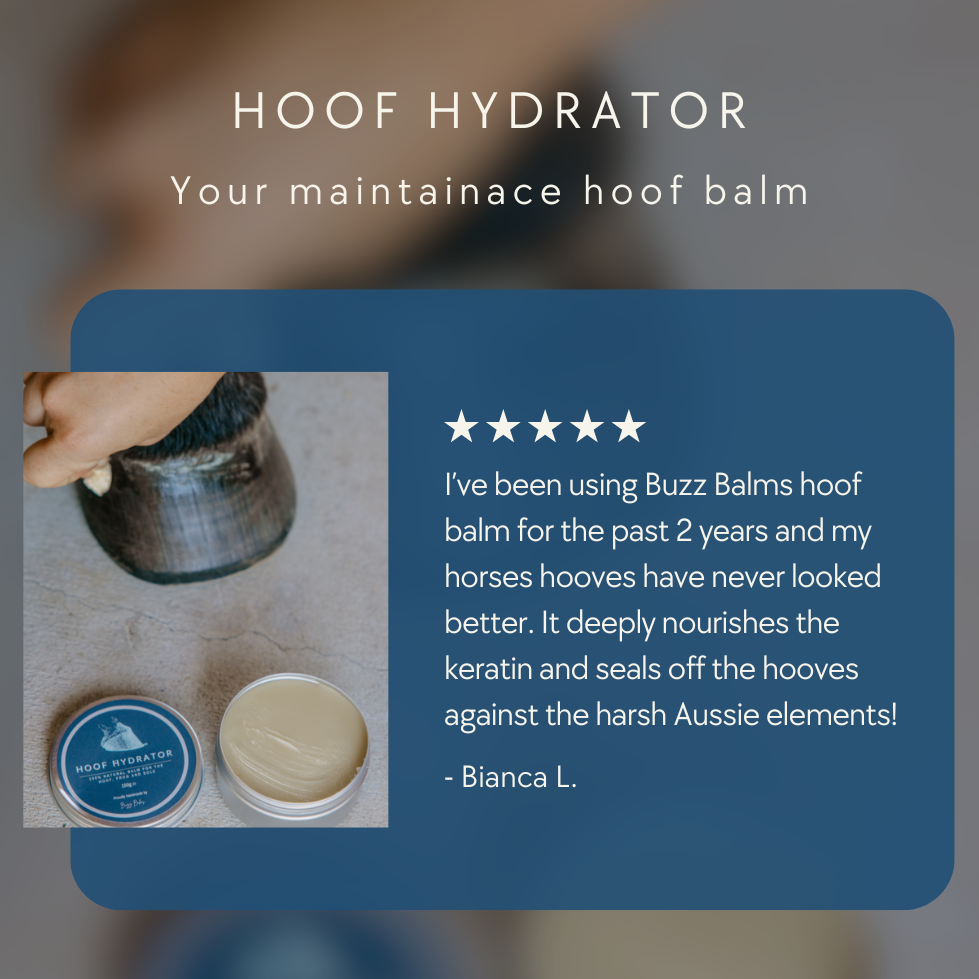 Buzz Balms hoof hydrator with a customer review on a blurred background