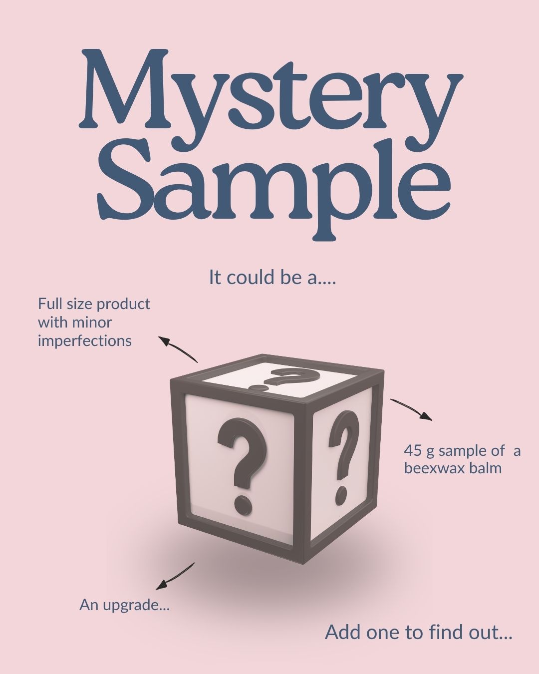 Promotional graphic for a mystery sample offer with a cube featuring question marks on a pink background.