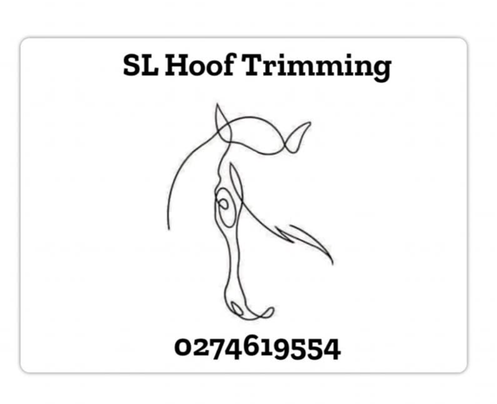 Logo for SL Hoof Trimming with a stylized hoof and contact information.